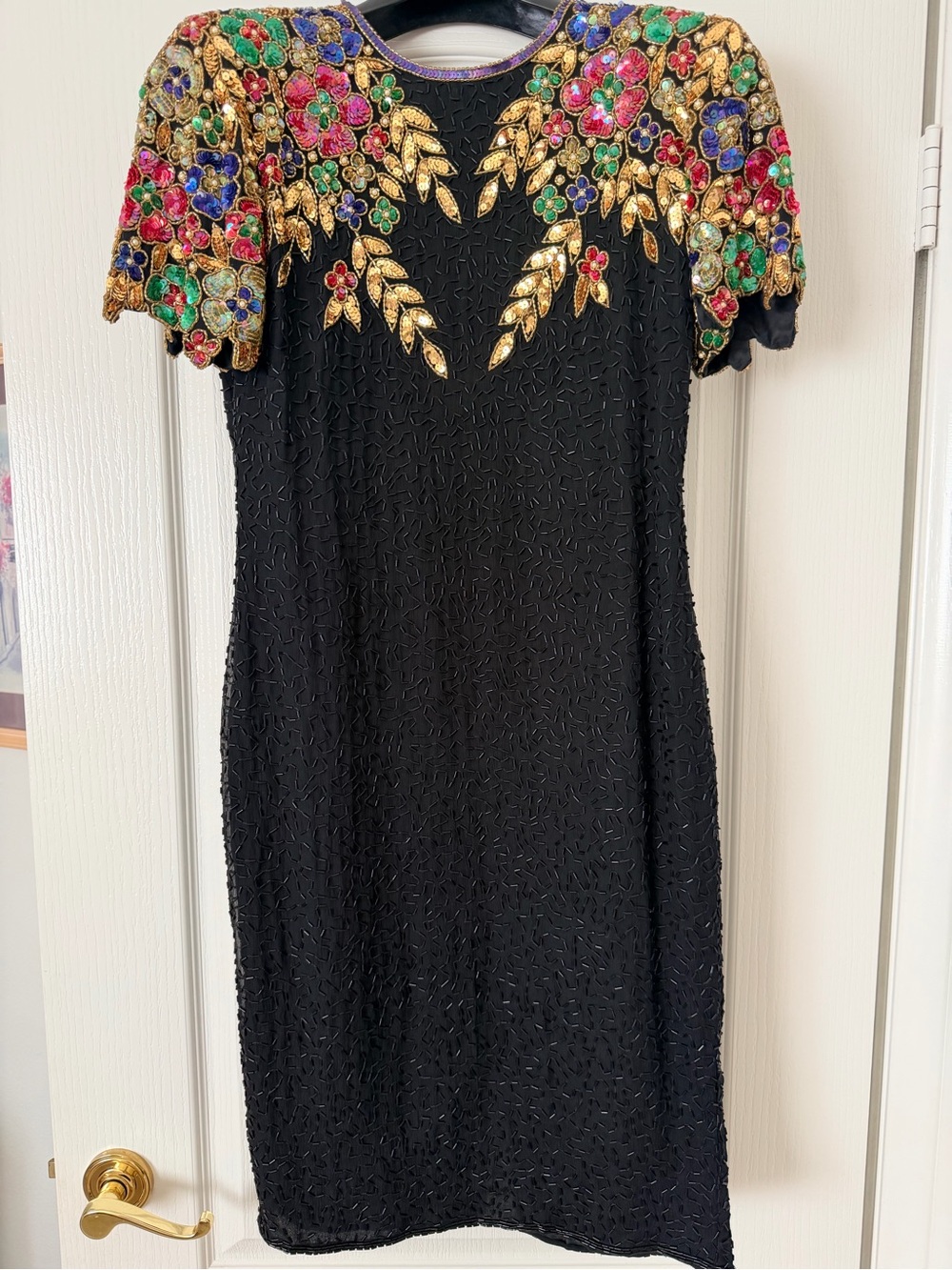 Vintage 80s Sténay Petite 2 100% Silk Beaded Sequin Dress Black Gold Floral